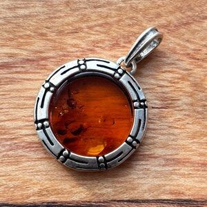 Round Amber and Sterling Silver Medallion Pendant